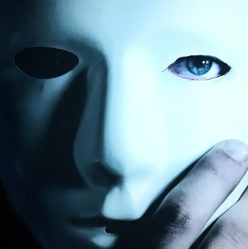Bild av en person som håller en mask framför sitt ansikte